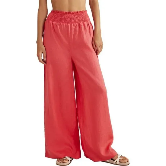 BODEN Pants Womens 6 Long 6L Red Linen Shirred Waist Trousers Wide Leg Pull On - Picture 1 of 9